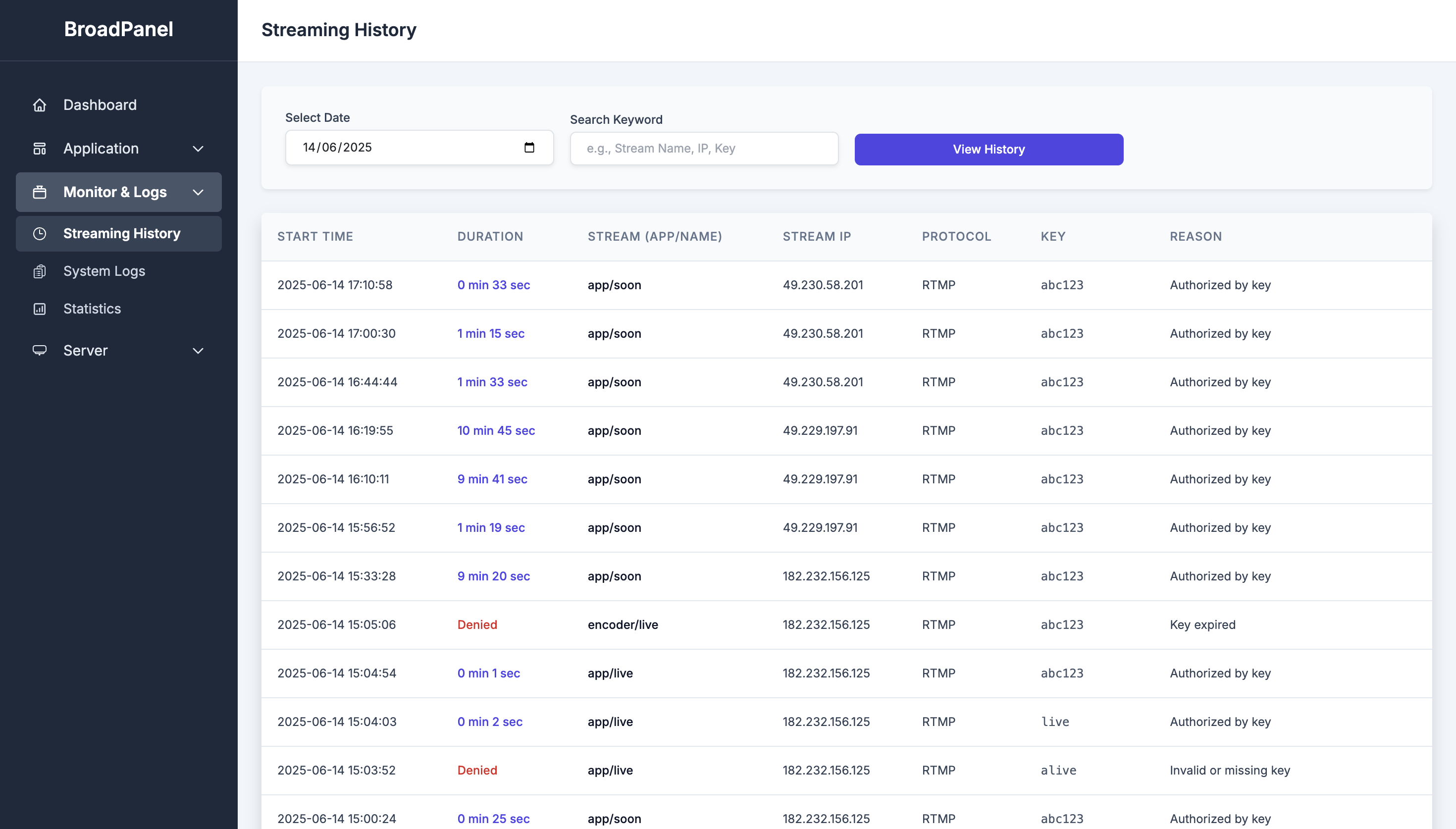 BroadPanel Streaming History